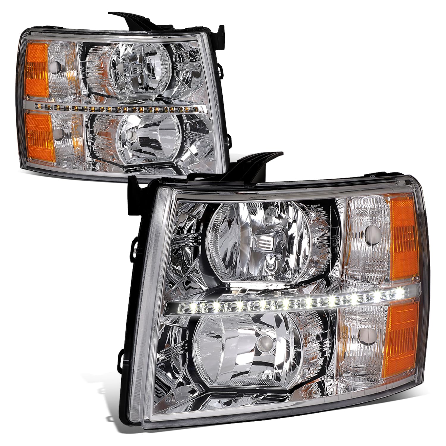 Auto Dynasty LED DRL Headlights Assembly Compatible with 2007-2014 Chevy Silverado 1500 2500 3500 HD, Driver Passenger Side Halogen Headlamps w/LED Running Light Strip, Chrome Housing Amber Corner