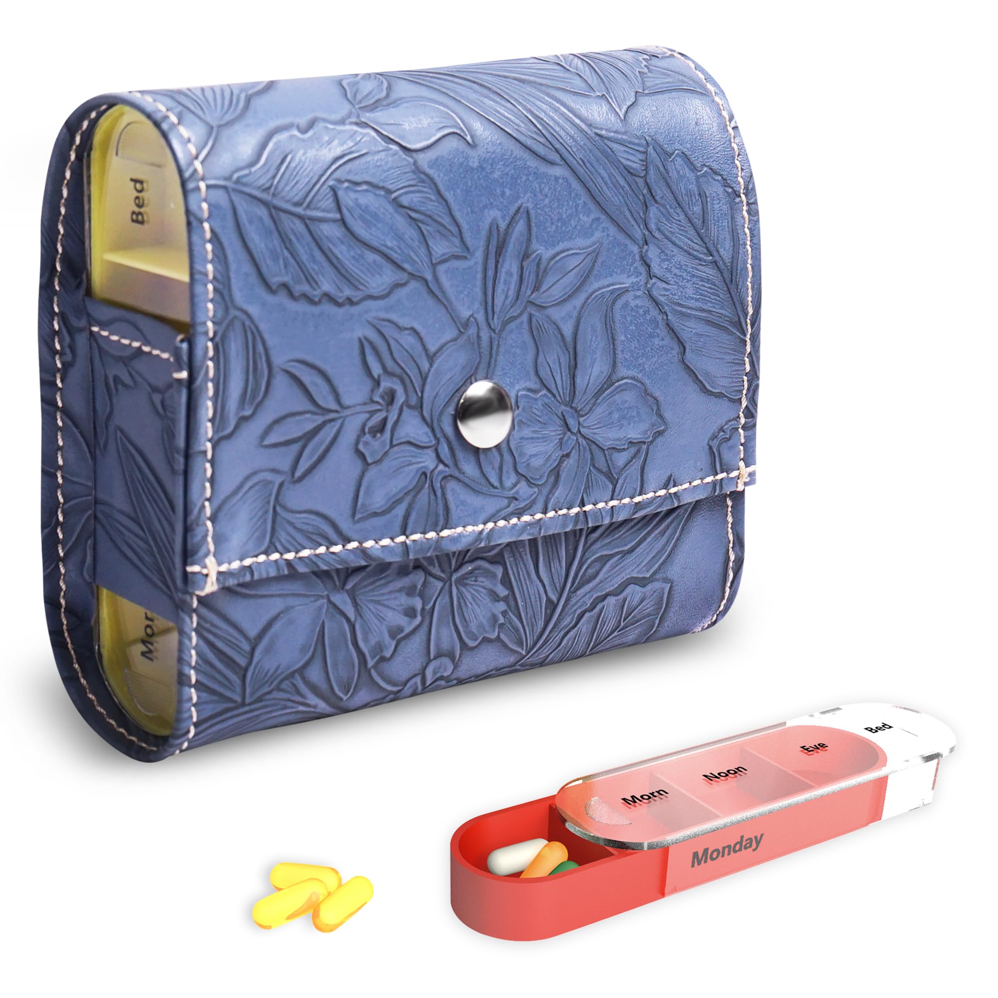 Pill Organizer,Haecsfl Weekly Travel Pill Case Box Medication Reminder Daily AM PM, Day Night 7 Compartments,for 4 Times A Day, 7 Days a Week-Includes Leather PU Carrying Case(1-Carved Blue) 1-Carved Blue 1 Pack