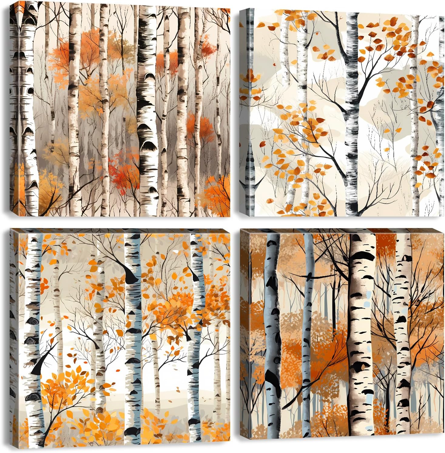 Fall Forest Wall Art White Birch Tree Wall Decor Nature Autumn Forest Canvas Prints Pictures Watercolor Orange Tree Painting Poster Plants Artwork for Living Room Bedroom Home Decoration 16x16" 4Pcs