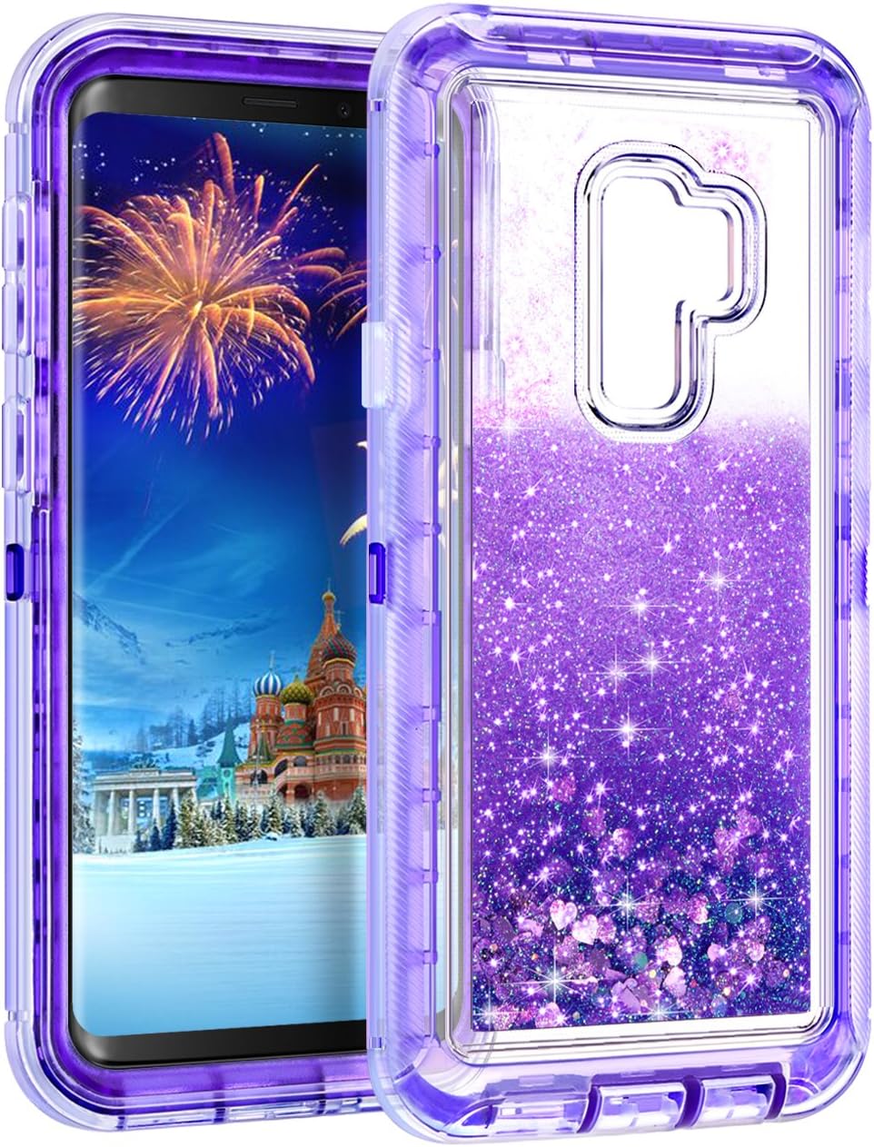 WOLLONY Galaxy S9 Plus Case, 360 Full Body Shockproof Liquid Glitter Quicksand Bling Case Heavy Duty Phone Bumper Non-Slip Soft Clear Rubber Protective Cover for Samsung Galaxy S9 Plus - Purple