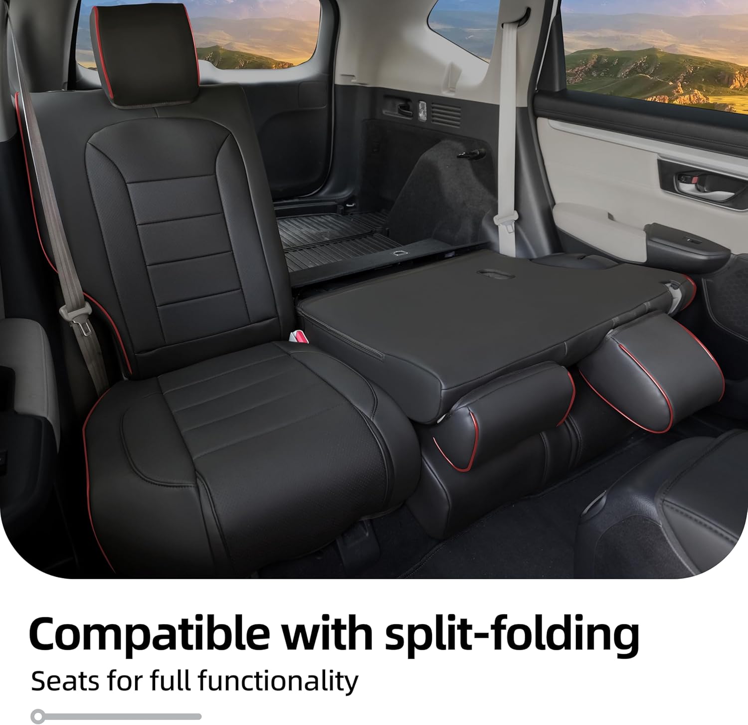 Lolcar CRV Seat Covers Custom Fit for Honda CRV 2017 2018 2019 2020 2021 2022,Leather Car Seat Cover Full Set for Trucks SUV,Waterproof Car Seat Cushion,Faux Leather (Black with red Trim)