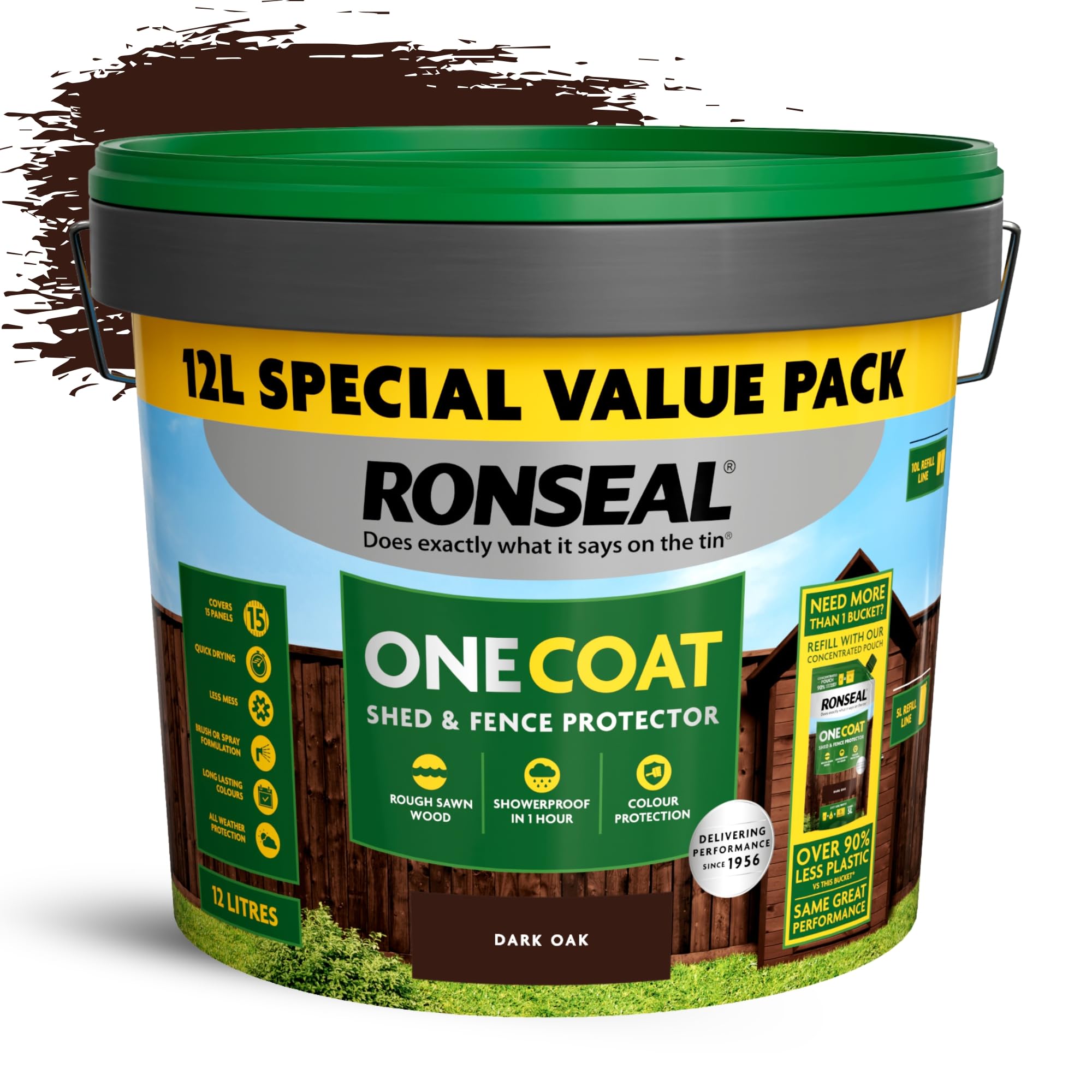 12L One Coat Fence Shed Exterior Wood Paint - Fast Drying Waterproof Coating Weather Resistant - Matte Finish Garden Wood Protection for Fencing, Decking (Dark Oak, 12 Liter 1x)