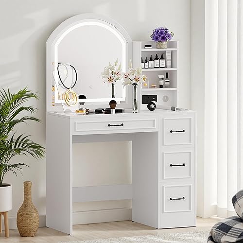 Miniatura 8 de Escritorio de tocador con espejo y luces, mesa de tocador de maquillaje con armario lateral, tocador de 4 cajones con parte superior de cristal,