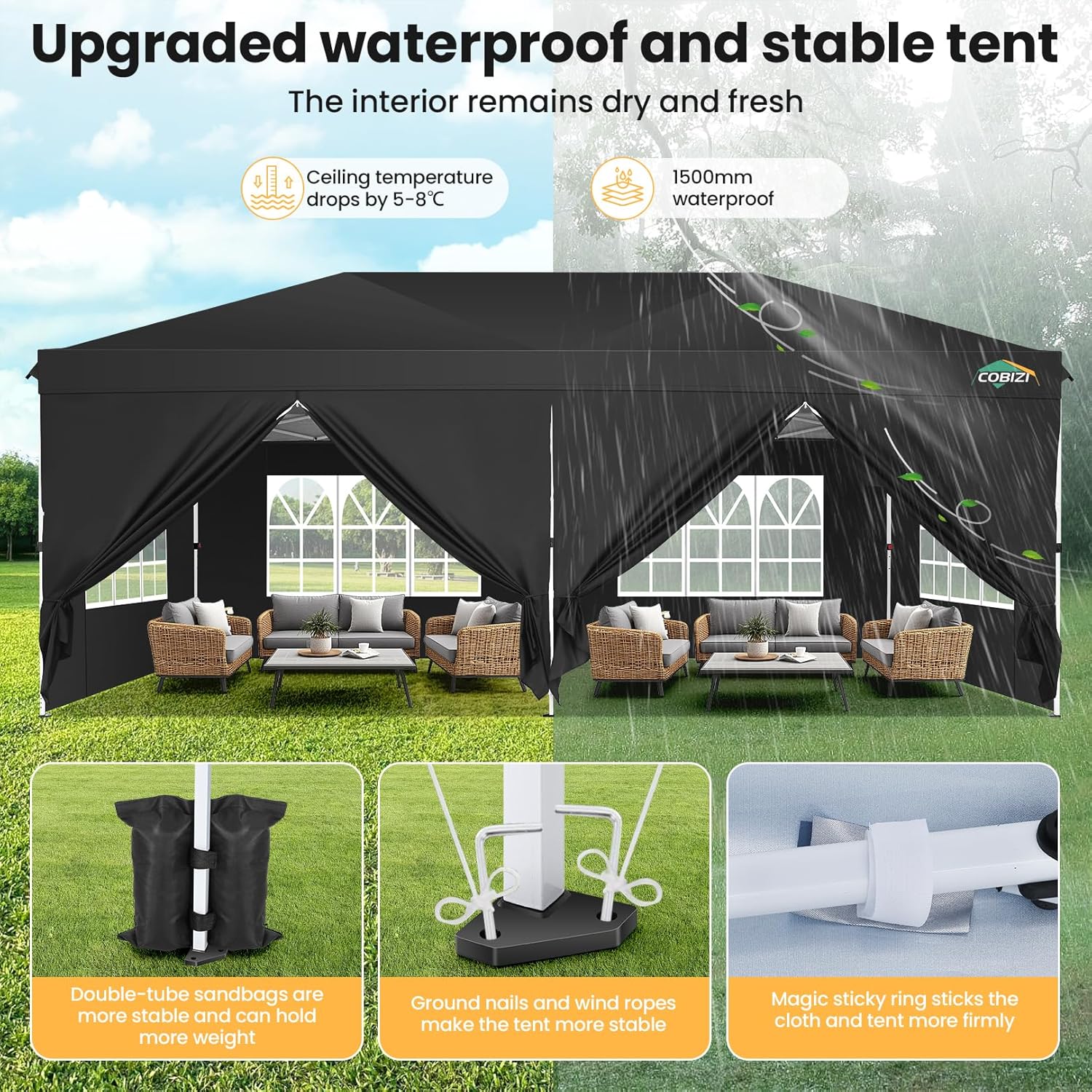 COBIZI 10x20 Pop Up Canopy Tent with 6 Removable Sidewalls,Waterproof & UV 50+ Easy Up Canopy,Commercial Gazebo with Air Vent,4 Sand Bags,4 Stakes & 8 Ropes,Tents for Parties/Camping/Backyard,Black