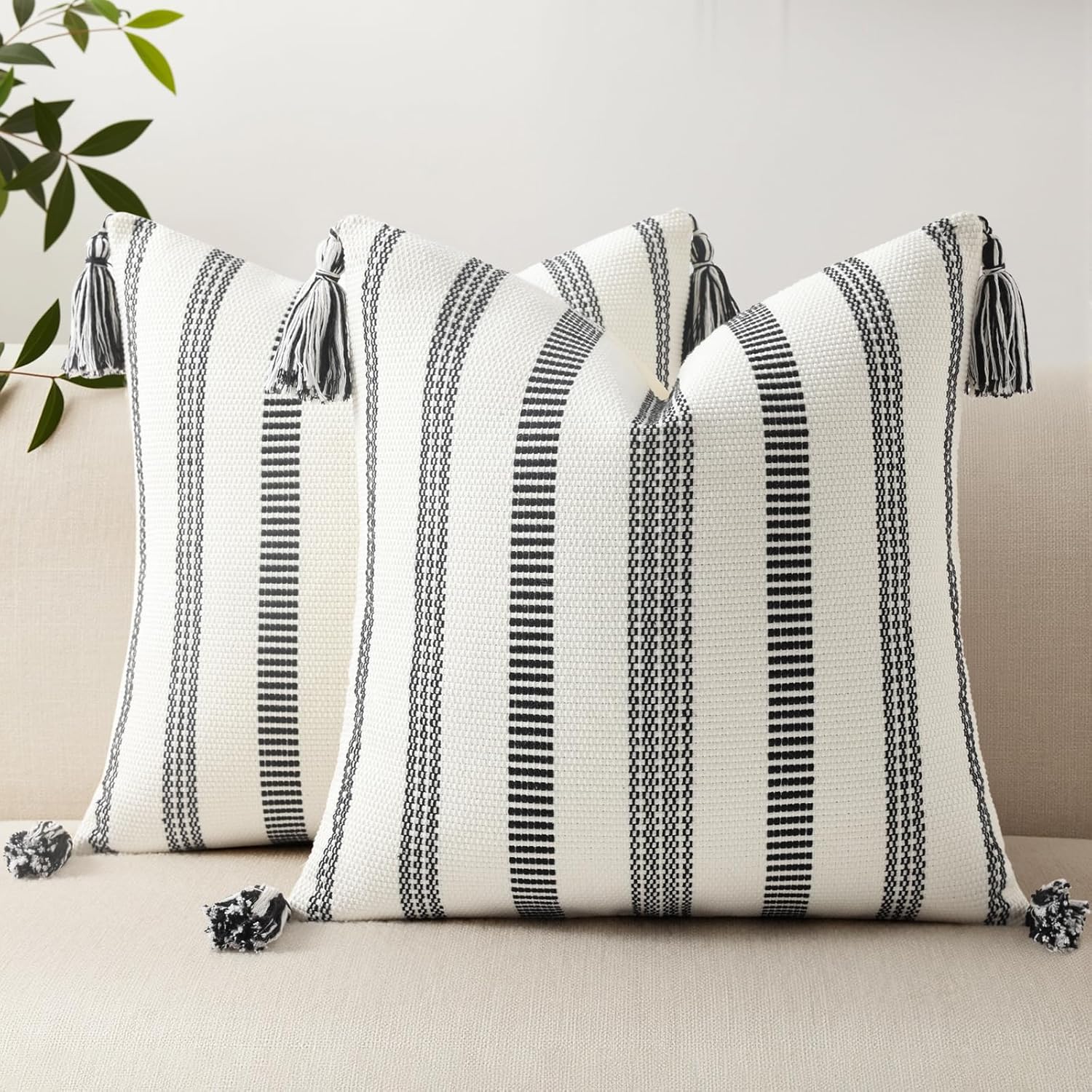 Smile Bee Boho Outdoor Couch Throw Pillow Covers Set of 2, Decorative Thick Woven Striped Accent Neutral Pillow Covers with Tassels for Bed Sofa Home Decor, 20x20 Inch, Black and Cream White
