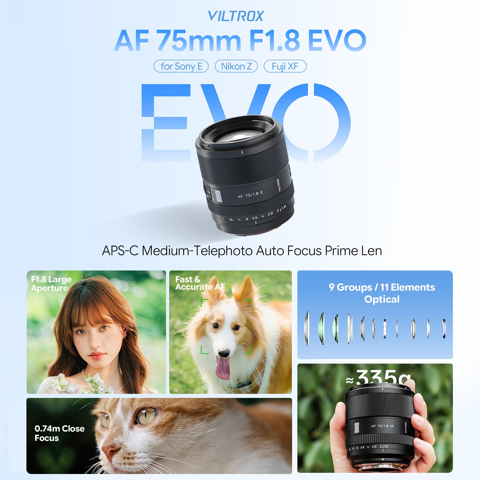 VILTROX AF 75mm F1.8 Evo APS-C Objectif à Mise au Point Automatique à Focale Fixe avec Grande Ouverture, Lentille Portrait pour Appareils Photo sans Miroir (pour Sony E)