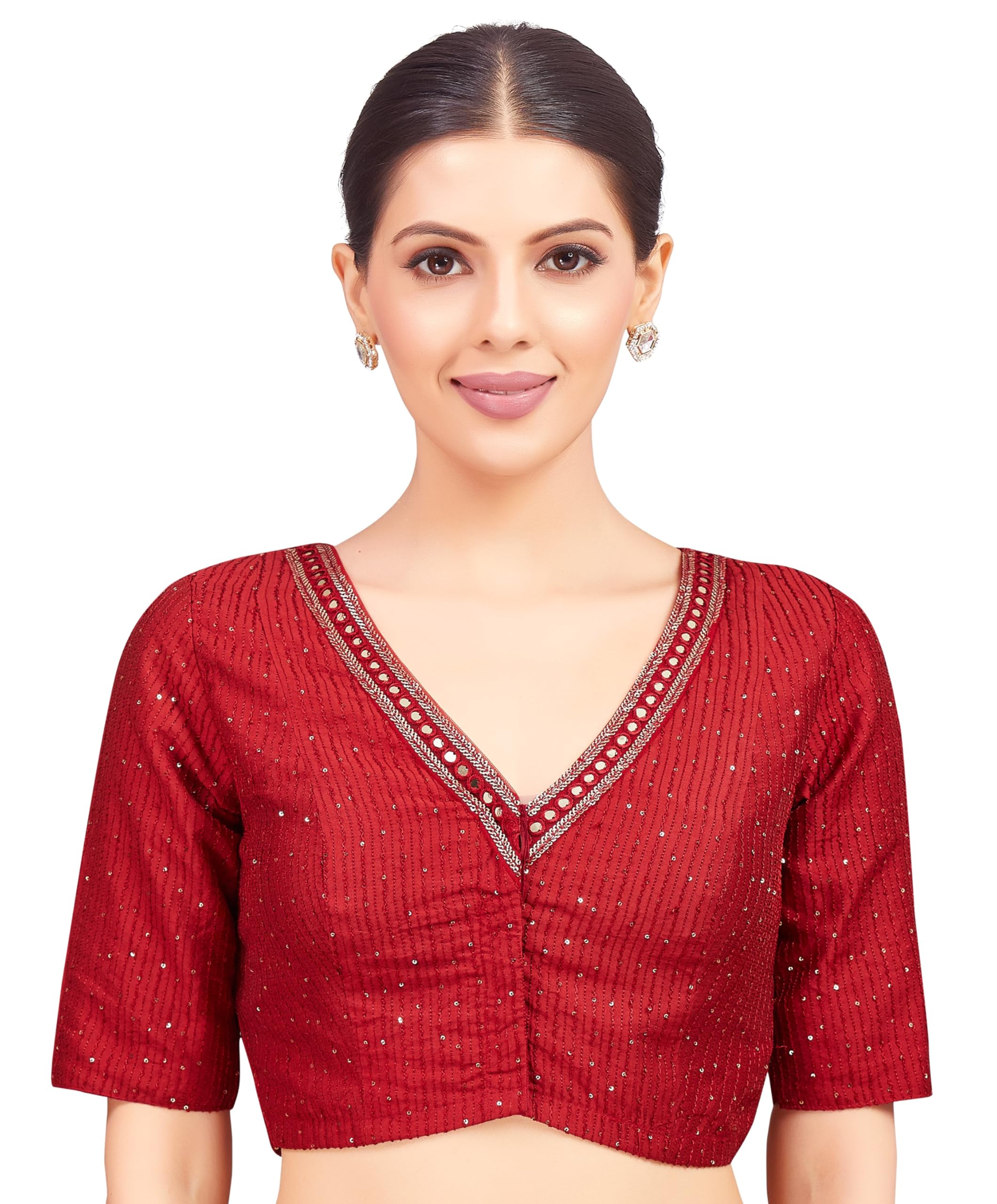 Studio Shringaar Women's Readymade Polyester Elbow Length Sleeves Saree Blouse with Mirror Work