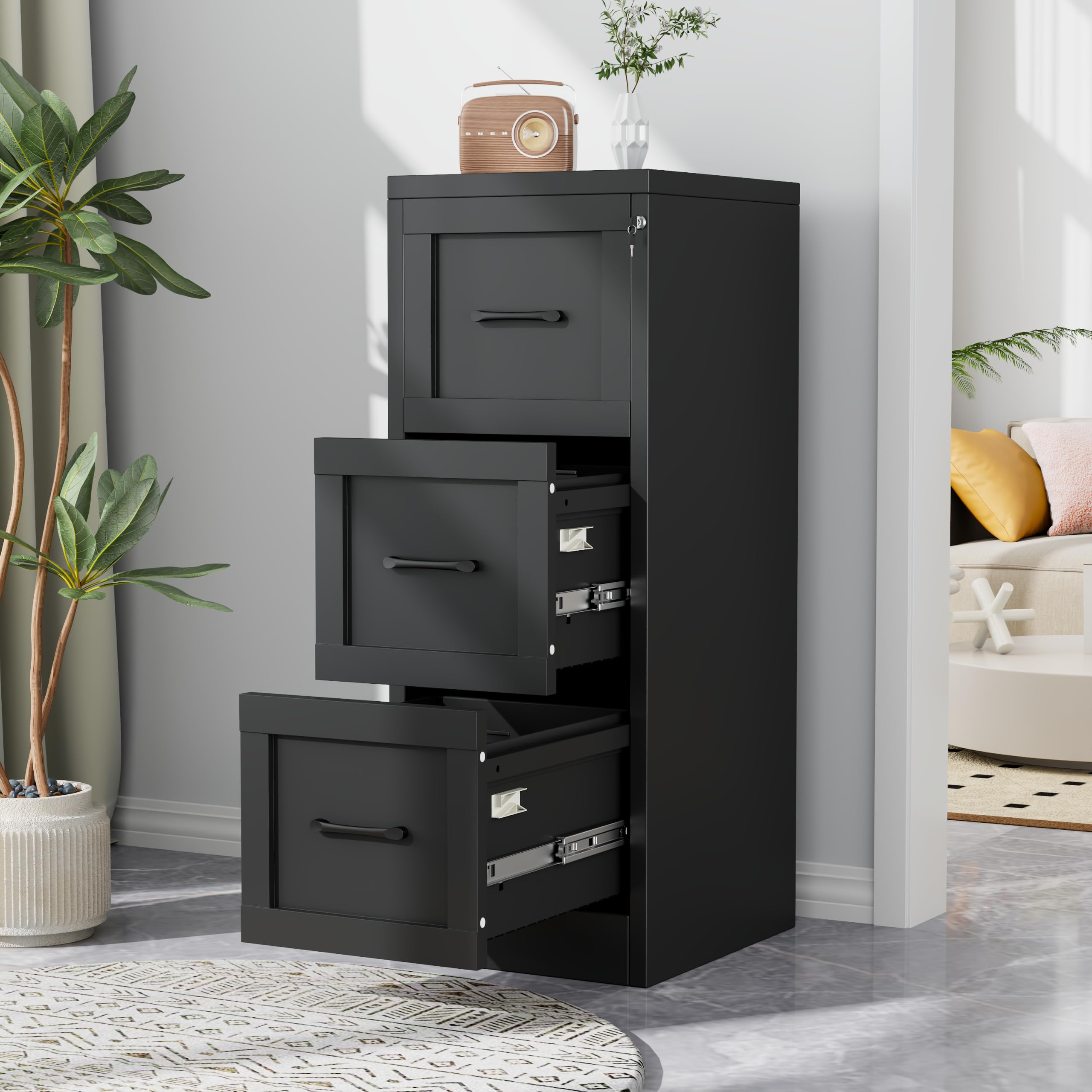 3-Drawer Metal File Cabinet with Lock, Tall Narrow Vertical, Black