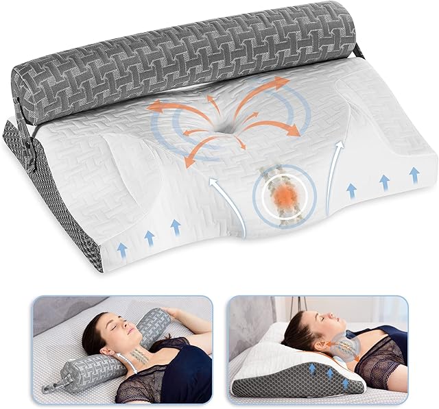 Elviros Cervical Memory Foam Pillow for Neck Pain Relief, Contour Orthopedic Roll Traction Pillows for Side Sleeping, 3 in 1 Ergonomic Support Spine Bed Pillow for Back and Stomach Sleeper White