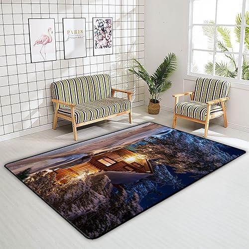 Miniatura 4 de ZHONGJI - Alfombra rústica para sala de estar, cabaña de troncos, hermoso paisaje de Año Nuevo, Navidad, interior, dormitorio, cocina, tapete de