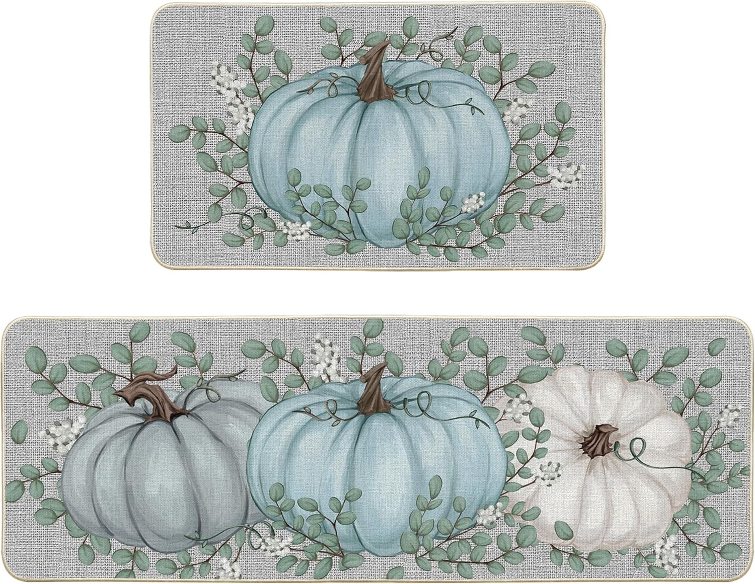 Artoid Mode Pumpkin Eucalyptus Fall Kitchen Mats Set of 2, Home Decor Low-Profile Kitchen Rugs for Floor - 17x29 and 17x47 Inch
