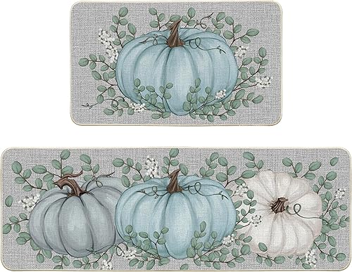 Artoid Mode Juego de 2 tapetes de cocina de otoño de eucalipto y calabaza, decoración del hogar, alfombras de cocina de bajo perfil para piso, 17 x