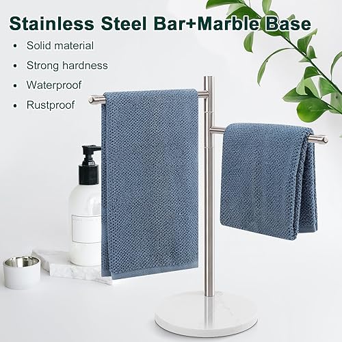 Miniatura 3 de BathAce Toallero de mano, soporte para toallas de mano en forma de F con base de mármol, soporte de acero inoxidable con 2 brazos giratorios,