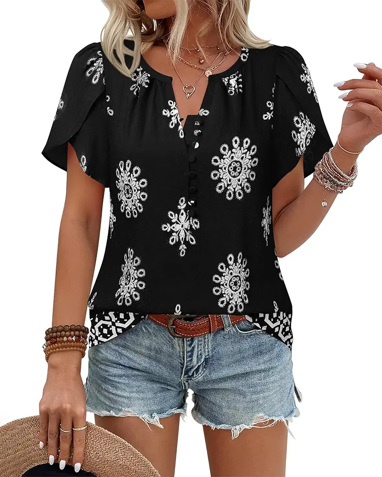 Timeson Womens Summer Tops Boho Short Sleeve Business Casual Blouses Button Down Floral Shirts Fashion Beach Vacation Clothes