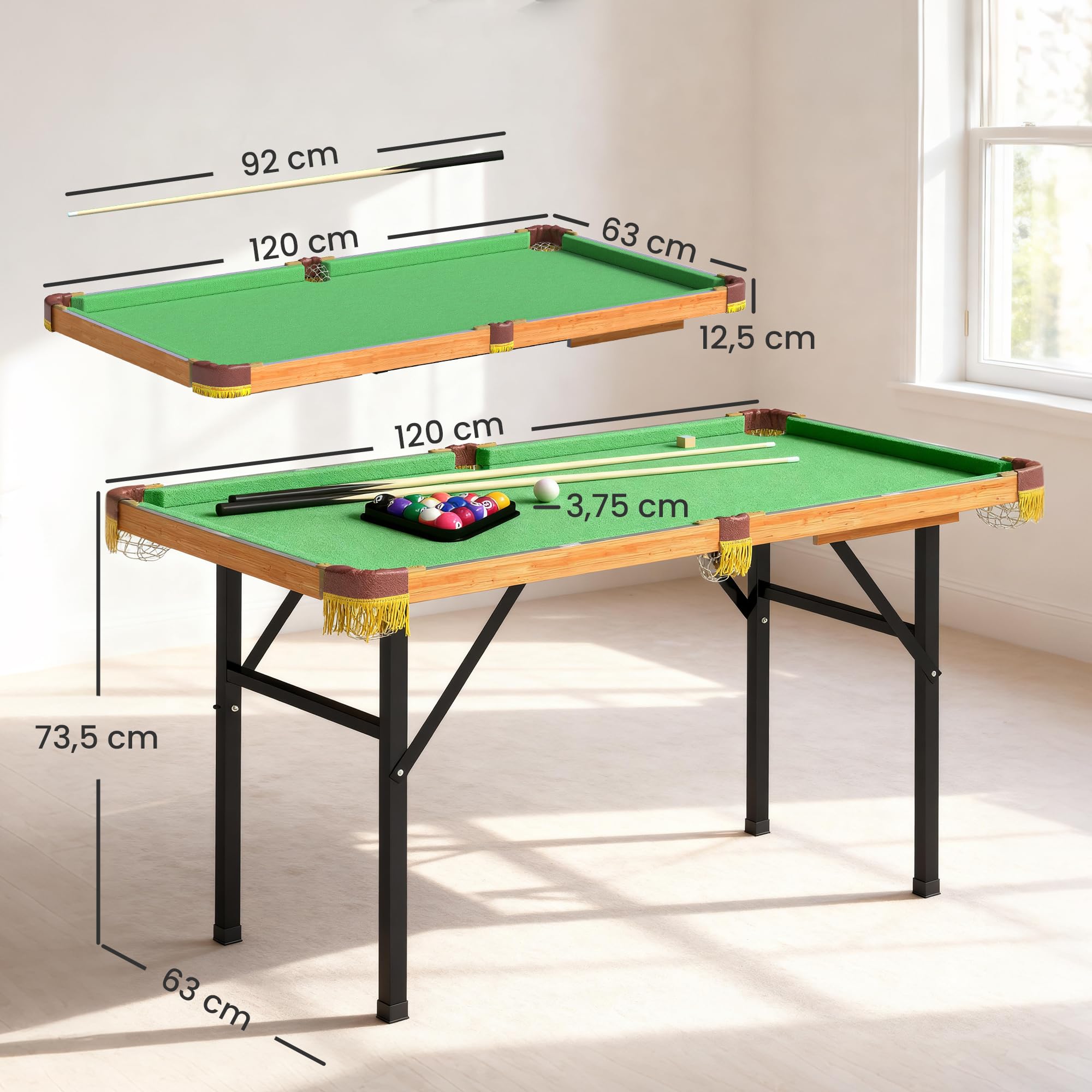 SPORTNOW Tavolo da biliardo pieghevole, mini biliardo, con 2 stecche, 16 palline, gesso e triangolo, con spazzola per biliardo, tavolo da biliardo per adulti, 120 x 63 x 73,5 cm