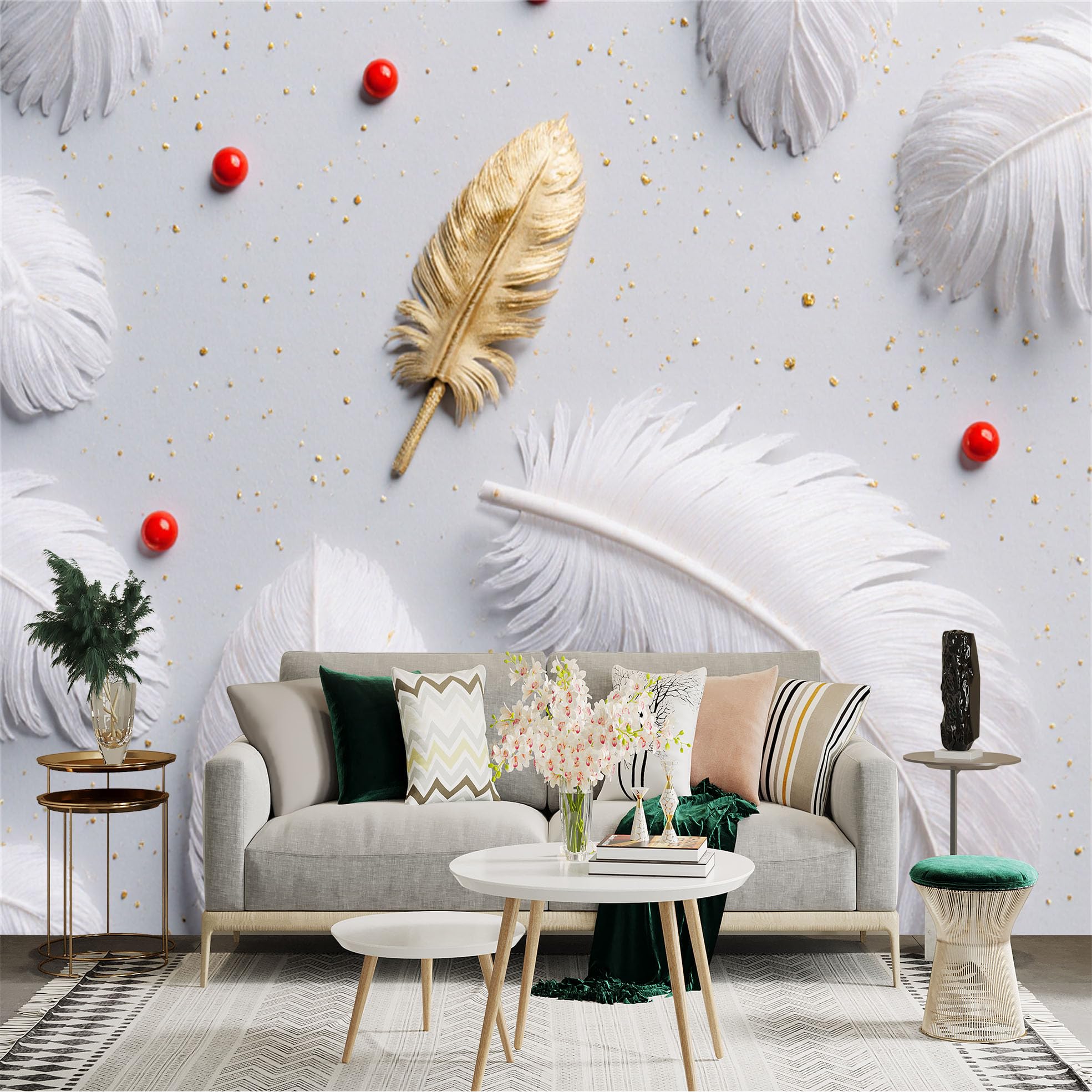 Custom Size Wall Sticker Mural， Elegant White and Gold Feathers， Sparkling Texture with Red Accents， Abstract Minimalist Decor， for wall Decoration， peelandstick wall Decals.