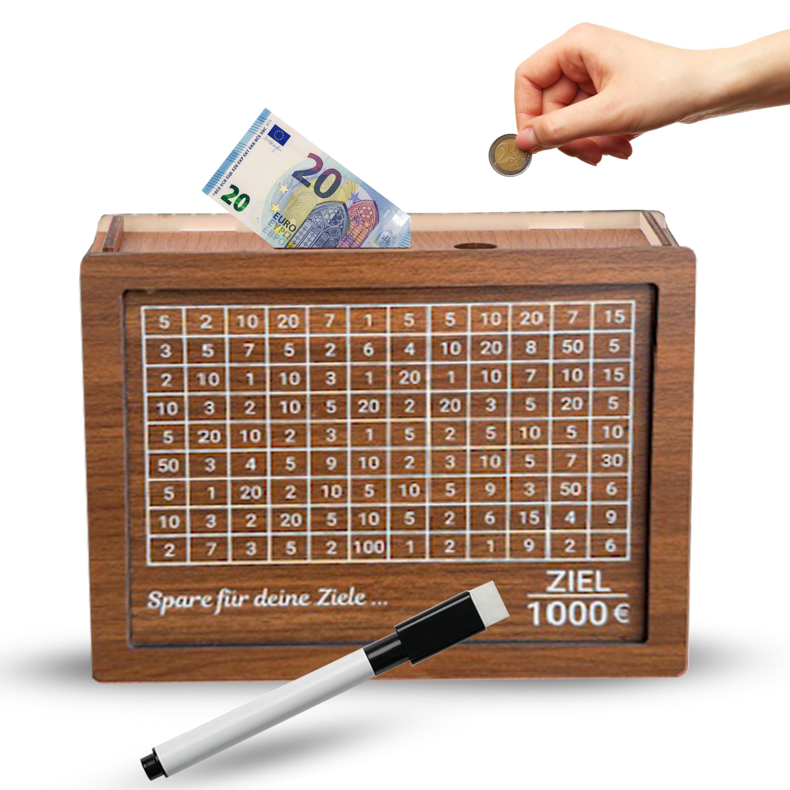Salvadanaio in legno, salvadanaio con contatore.Un salvadanaio riutilizzabile con numeri target di risparmio spunta con target per bambini adulti 500€ 1.000€ 2.000€ 3.000€ 5.000€ 10.000