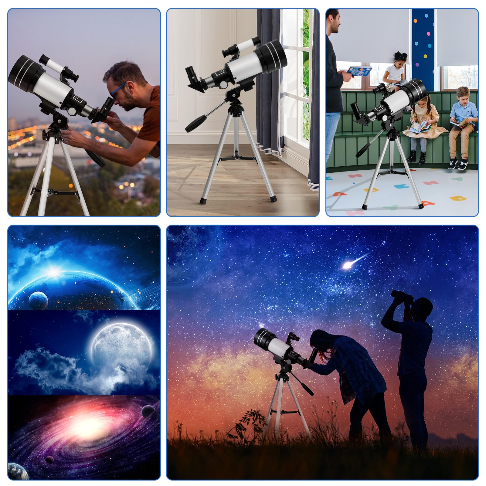 Telescopio Astronómicos para Adultos, Telescopios Refractores con Trípode, 70mm Apertura 300mm Telescope Portátil - Telescopios Refracción para Niños Principiantes,Con Barlow,Teléfono Soporte