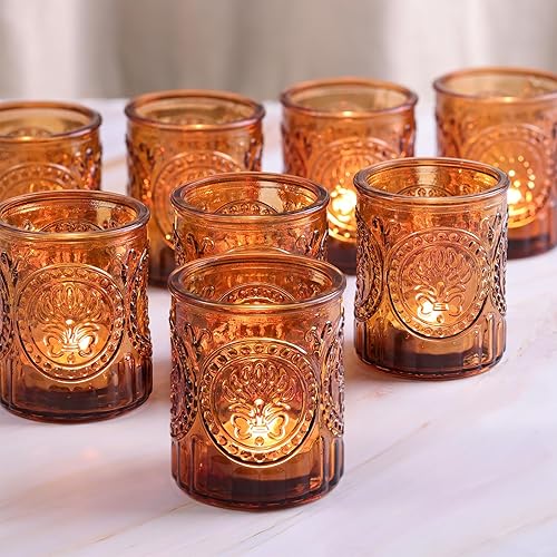 12 portavelas votivas vintage ámbar a granel, portavelas de cristal boho para centro de mesa, portavelas de otoño en relieve para bodas, Acción de