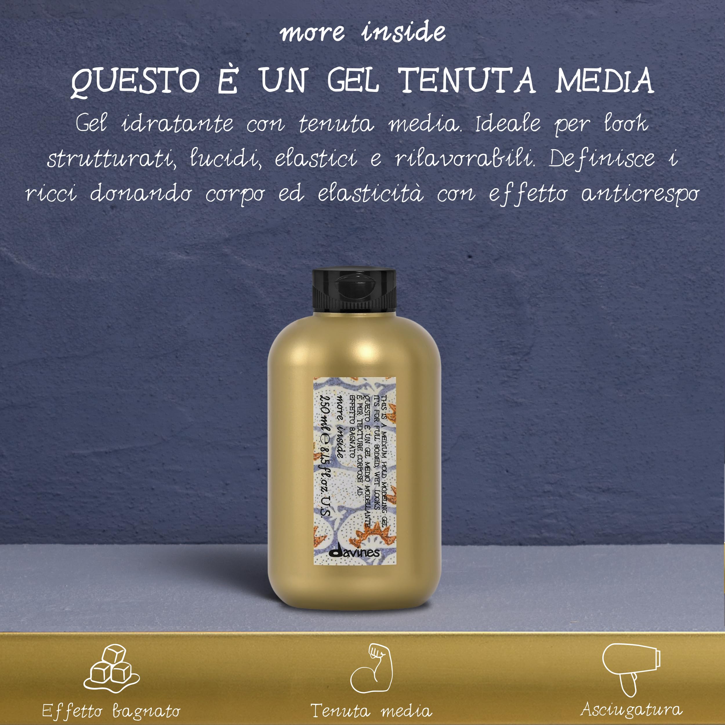 Davines MORE INSIDE Questo è un Gel Tenuta Media - Gel effetto bagnato capelli ricci - Ideale per look strutturati e lucidi - 250 ml