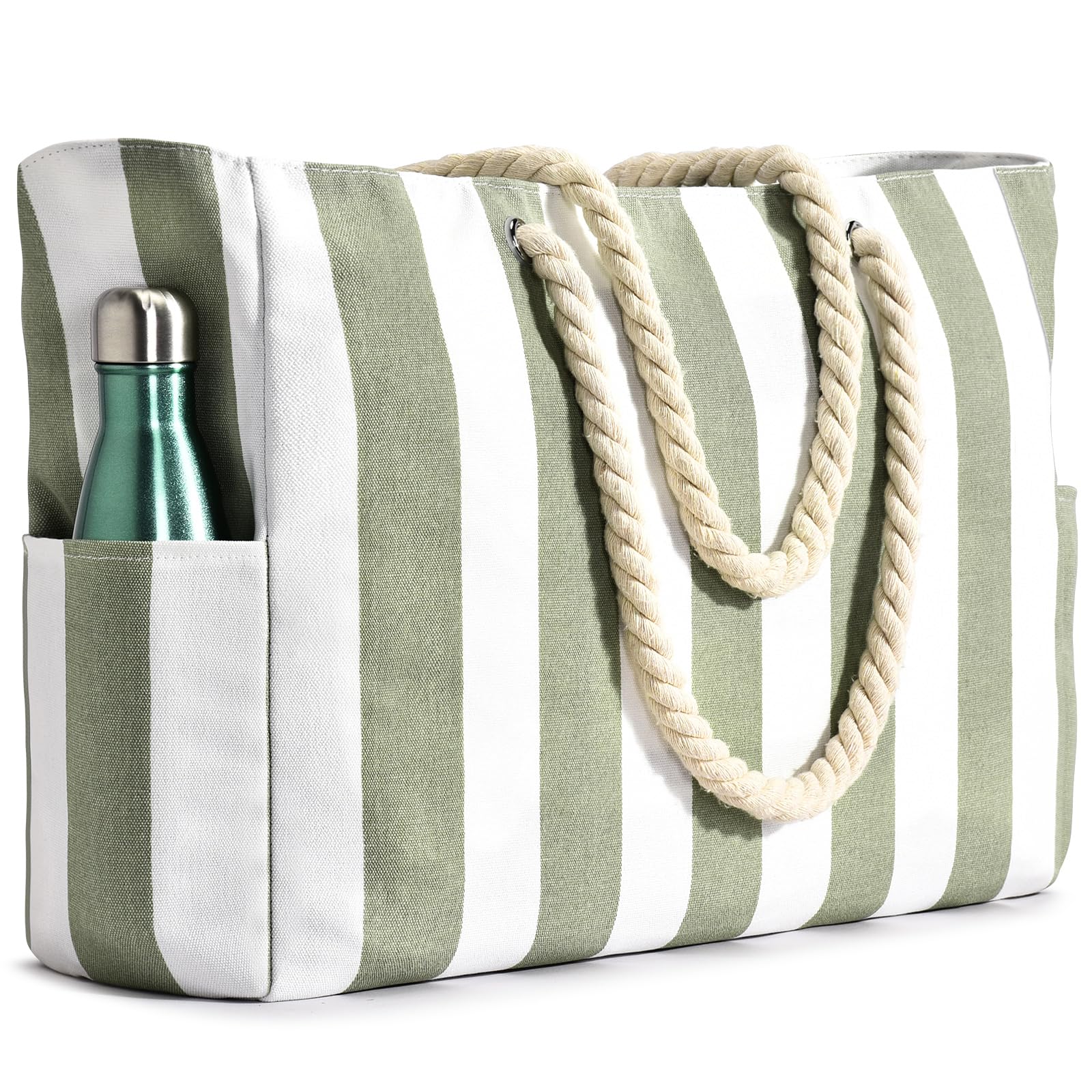 oscaurt Beach Bags for Women, Pool Bag Waterproof Sandproof Beach Bag Large Capacity Beach Swim Bag with Zipper Stripe Beach Bag Tote, verde