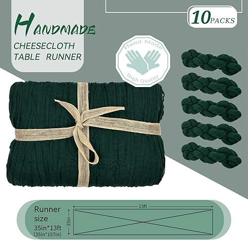 Miniatura 2 de Paquete de 10 caminos de mesa de estopilla verde oscuro, 10 pies x 35 pulgadas, gasa rústica verde esmeralda, bohemio, decoración de mesa de boda,
