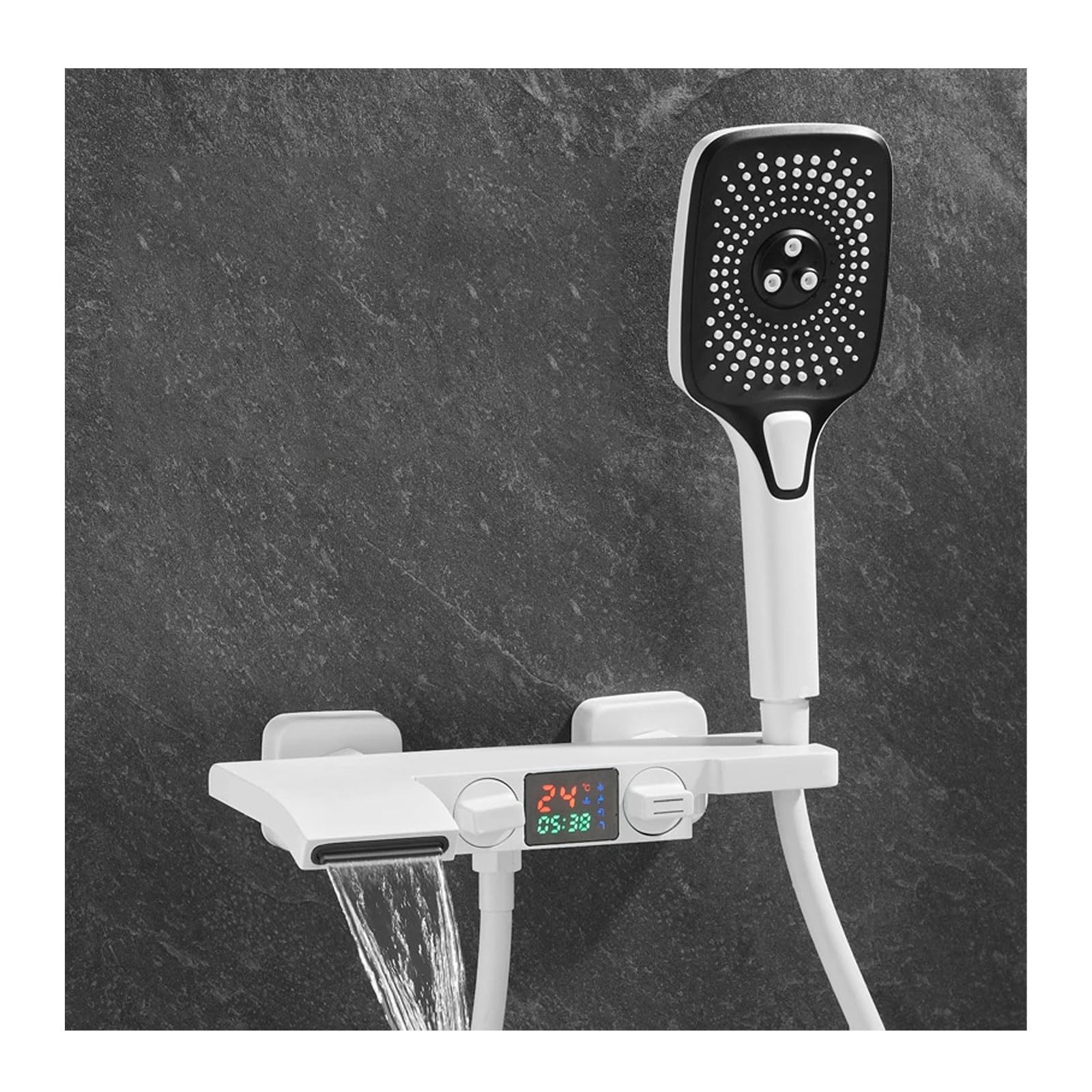 SWENEEN Led Waterfall Wall Mounted Bathtub Faucet With Handheld Spray Single Handle Brass Tub Mixer Tap With Temperature Display,White