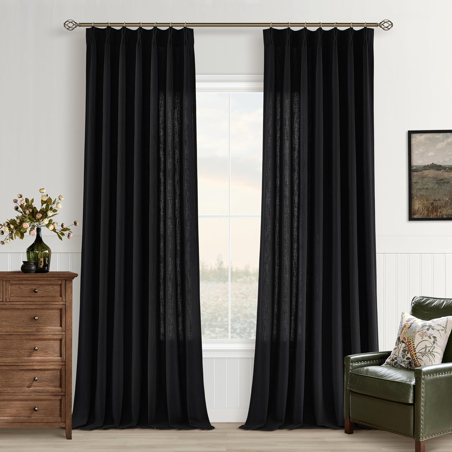 Black Pinch Pleated Curtains 90 Inches Long for Living Room Pinch Pleat Linen Drapes with Hooks Rings Back Tab Semi Sheer Boho Farmhouse Midnight Window Curtains 90 Inch Length for Bedroom Aesthetic