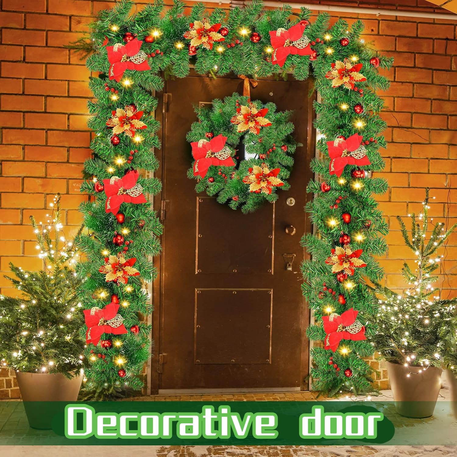 Guirnalda de Navidad 2,7M, 5M 30LEDs Guirnaldas Navideñas con Luces, Rojo Flores y Bolas, decoración navideña para Puertas, Ventanas, chimeneas, escaleras, Patio, Interior y Exterior