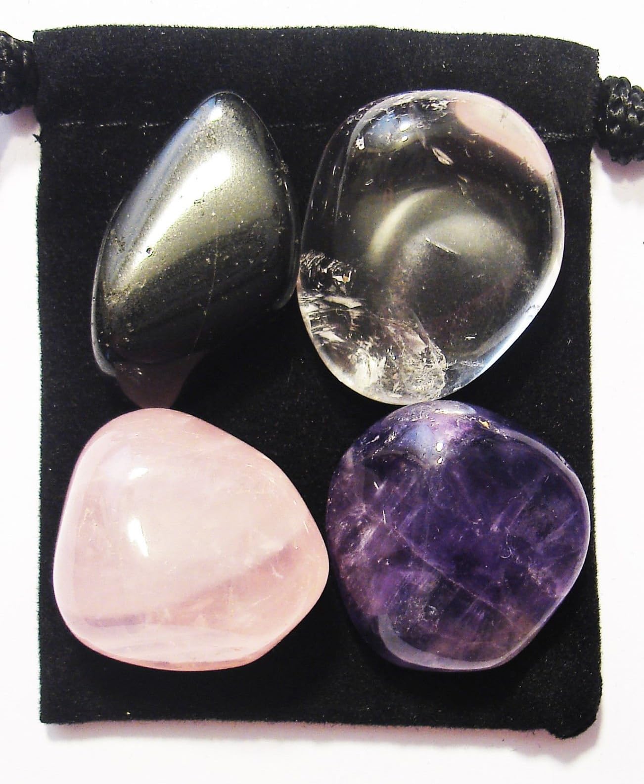 FIBROMYALGIA RELIEF - Professionally Selected Tumbled Crystal Healing Set with Pouch & Description Card - Amethyst, Clear Quartz, Rose Quartz, & Tourmaline Genuine Gemstones