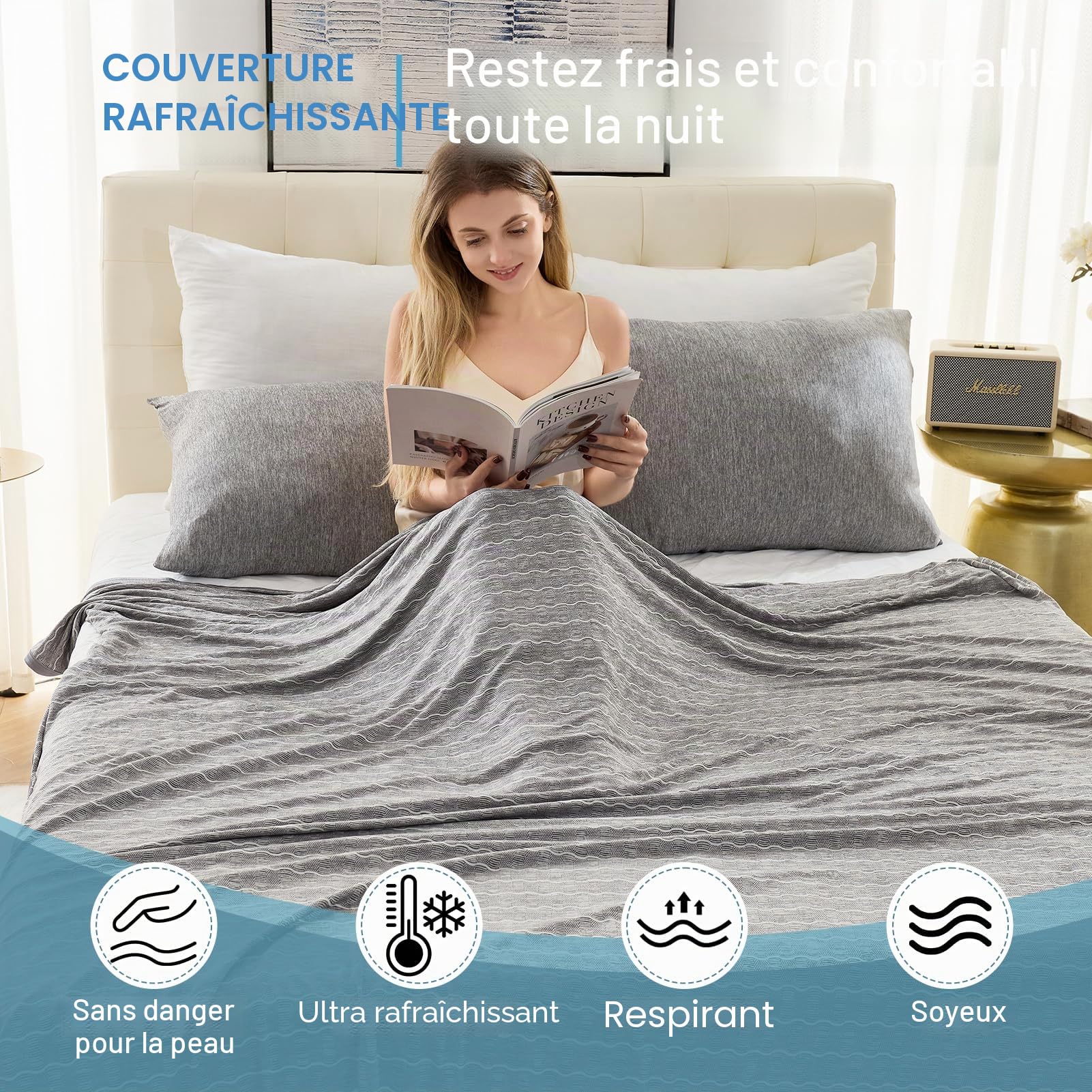OIGAE Couverture rafraîchissante, fraîche pour lit et canapé, 130 x 150 cm, fine, légère, respirante, douce, design jacquard double face, gris