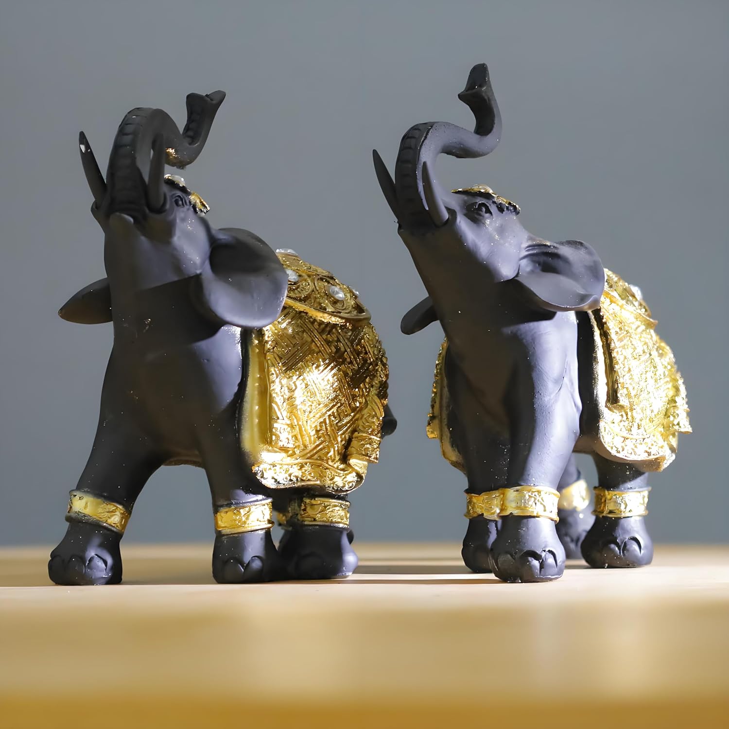 Luck Elephant Decor Set with Trunks Up - Feng Shui Resin Black and Golden Couple Elephant Figurines - Pair of Elephants Statue, Modern Sculpture for Home Decor - Image 2