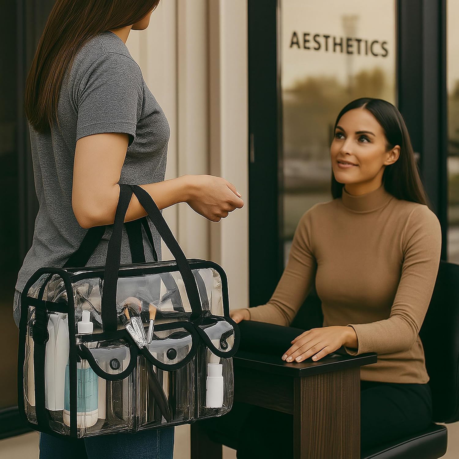 Clear PVC Tote Bag with 6 Exterior Pockets, Tissue Holder & Zippered Interior – Stadium Approved Organizer for MUAs & On-the-Go Pros