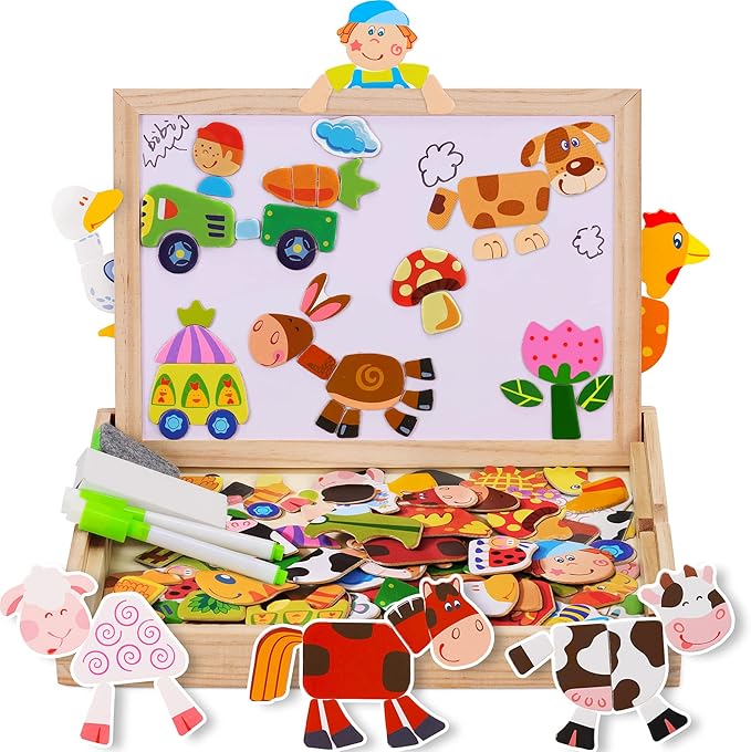 Wooden Board Puzzle Games, 100+ PCS Double Sided Jigsaw Farm Pattern Drawing Easel
