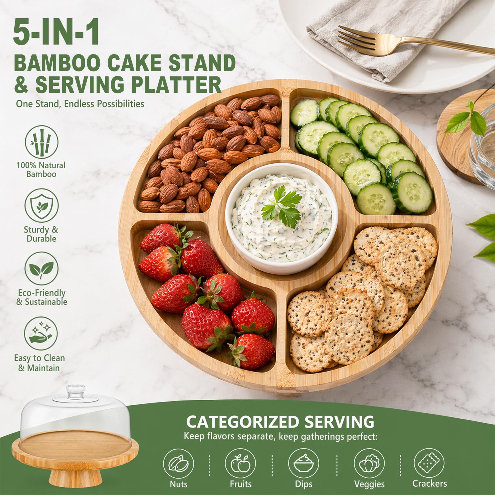 LOMUG Présentoir à gâteau 6 en 1 avec couvercle, plateau à gâteau en bambou avec support, cloche à gâteau polyvalente pour gâteaux, gâteaux, cupcakes et desserts