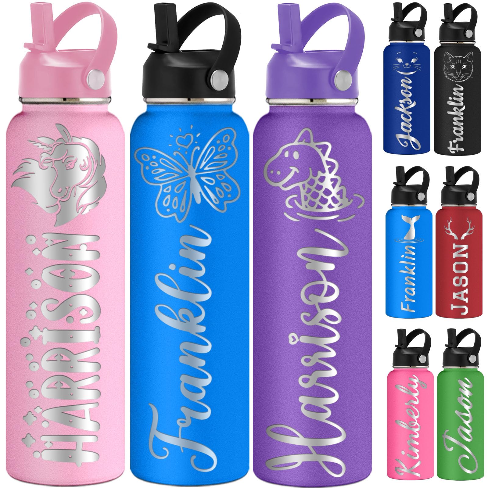 FwSYouMAI Custom Animal Water Bottle with Straw 12/18/24/32oz Personalised Insulated Water Bottles Engraved Name Customised Stainless Steel Bottle — image 1