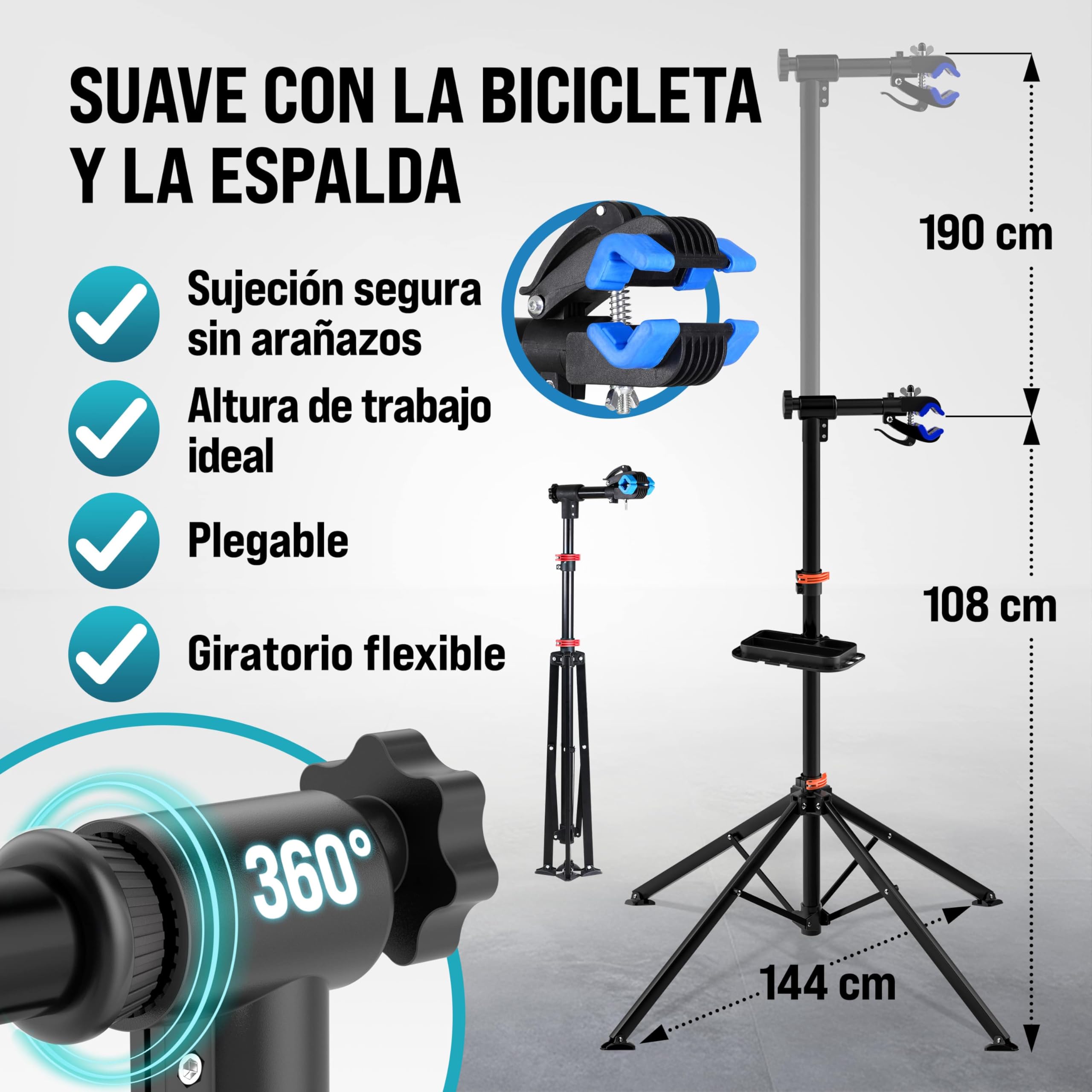 MONZANA® Caballete para Bicicleta Plegable Soporte Montaje Altura Regulable 108-190cm Barra Telescópica Giratoria 360° Estable con Bolsa Carga hasta 30Kg