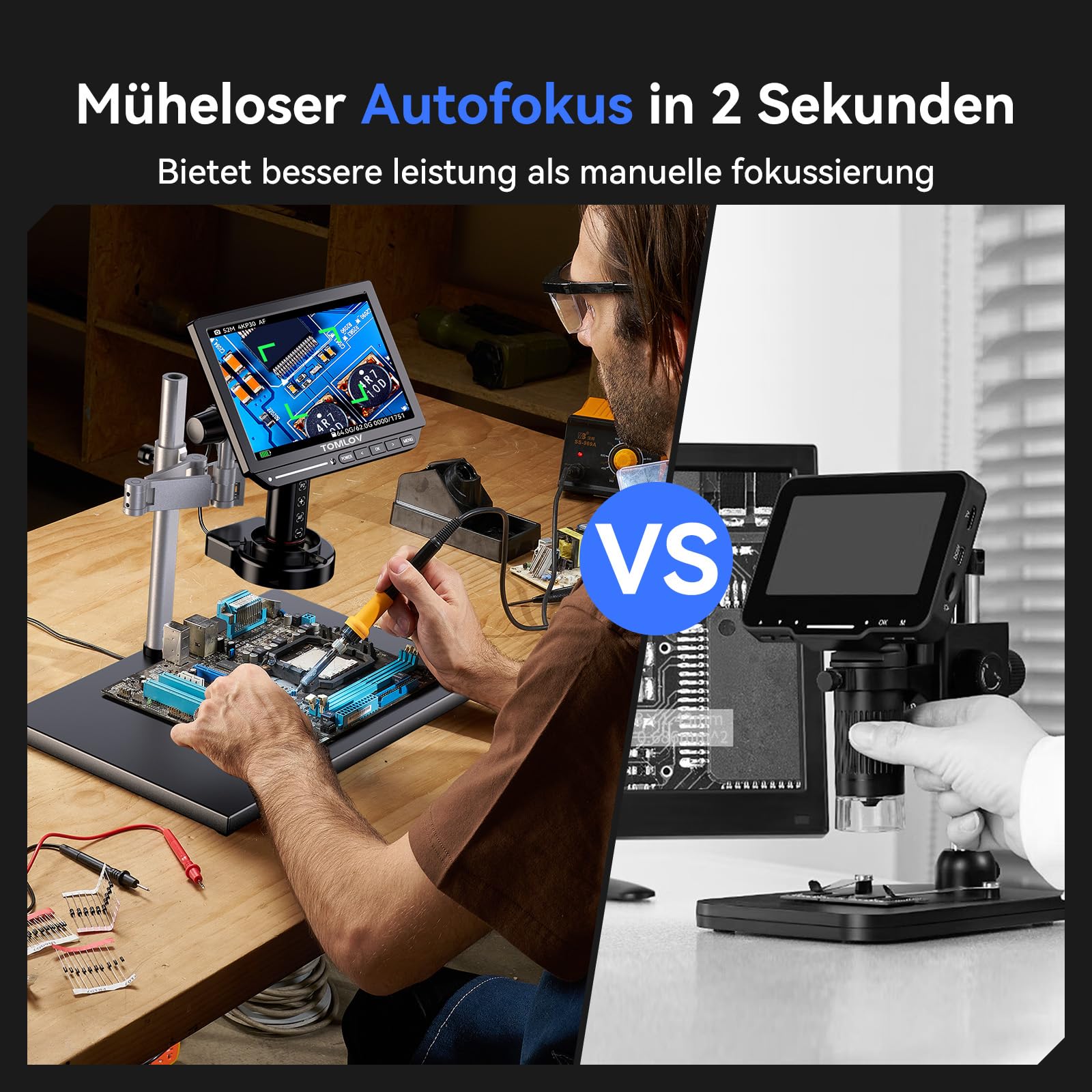 TOMLOV TM4K-AF Max Autofokus Digital Mikroskop 2000X, 4K 10,1" IPS-Schwenkarm-Lötmikroskop für Erwachsene, 52MP HDMI-Mikroskopkamera für Münzen und Löten, mit Ringlicht, PC/TV-kompatibel, 64GB