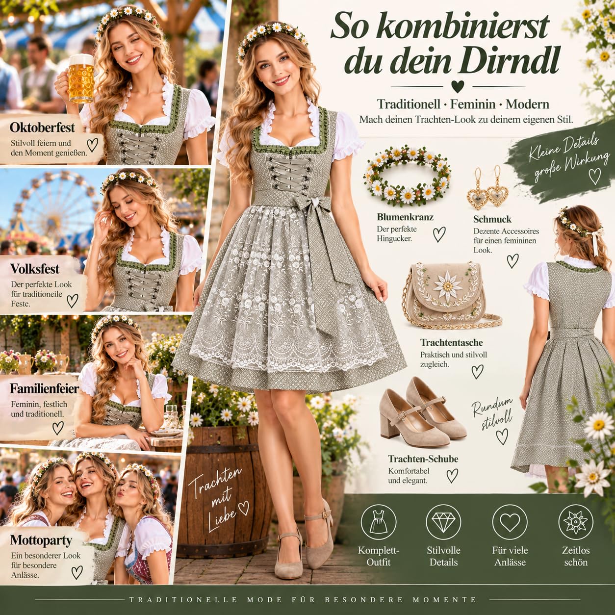Generisch Dirndl Damen Oktoberfest Damen Outfit Midi Dirndlkleid Trachtenkleid Oktoberfest Dirndl Kleidung Trachtenmode Kleid Schlicht Tracht Dirndlkleid Schürze Spitze Kleid Knielang Dirndlschürze