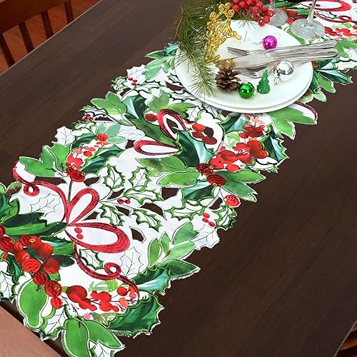 Miniatura 4 de Camino de mesa bordado de hojas de acebo de Navidad (14 x 54 pulgadas)