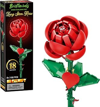 Brickcraft Long Stem Rose Building Bricks Set, 102 PCS Artificial Flower Kit, 18 Inch Red Rose Model for Display, Romantic DIY Gift Valentines Day, Love, Birthday, Anniversary, Home Office Decor