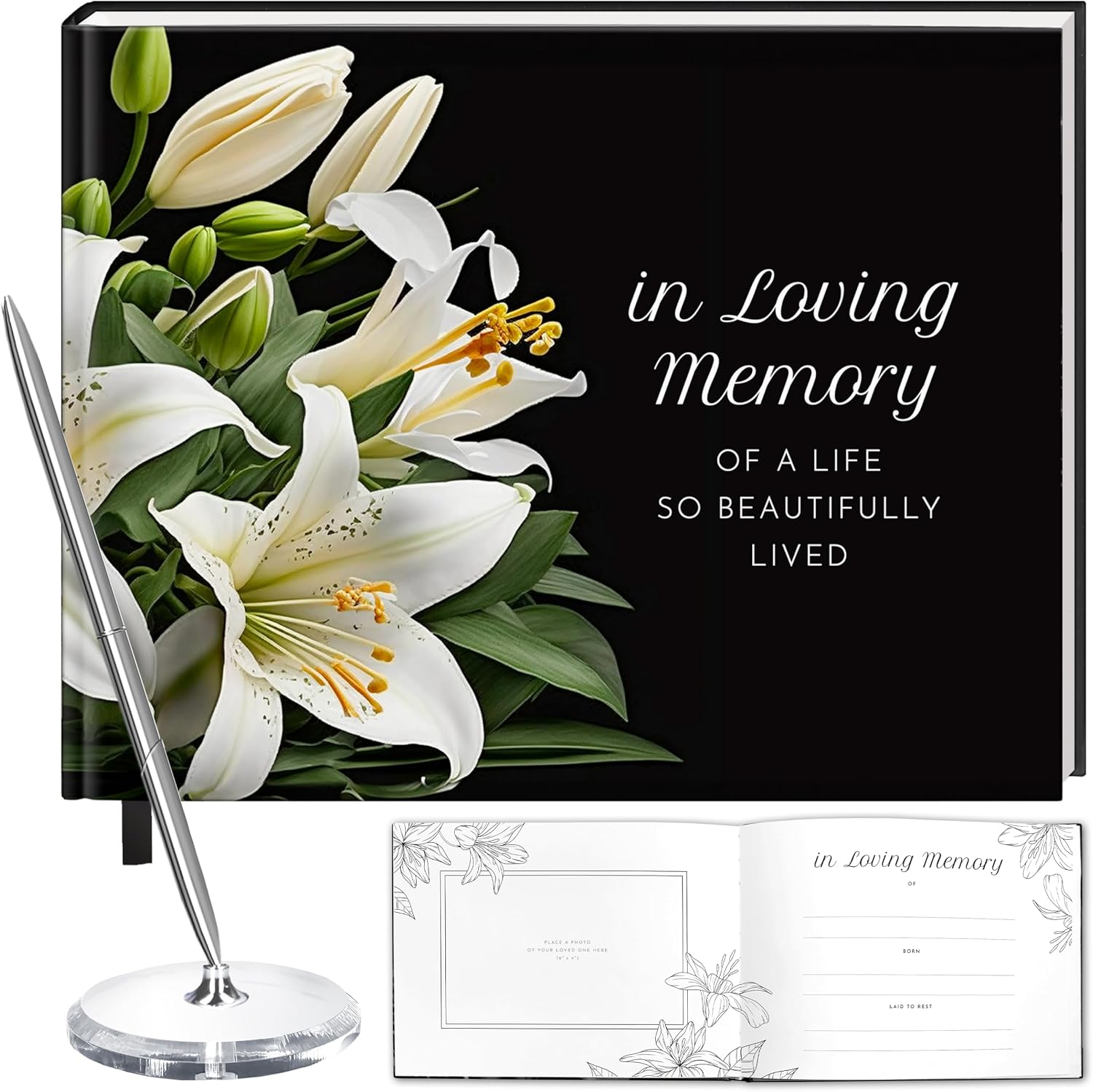 Funeral Guest Book with White Lilies, Memorial Sign in Book with Silver Pen and Acrylic Base, Hardcover Elegant Memorial Guest Book, Funeral Guest Book for Memorial Service