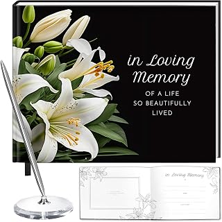 Funeral Guest Book with White Lilies, Memorial Sign in Book with Silver Pen and Acrylic Base, Hardcover Elegant Memorial Guest Book, Funeral Guest Book for Memorial Service