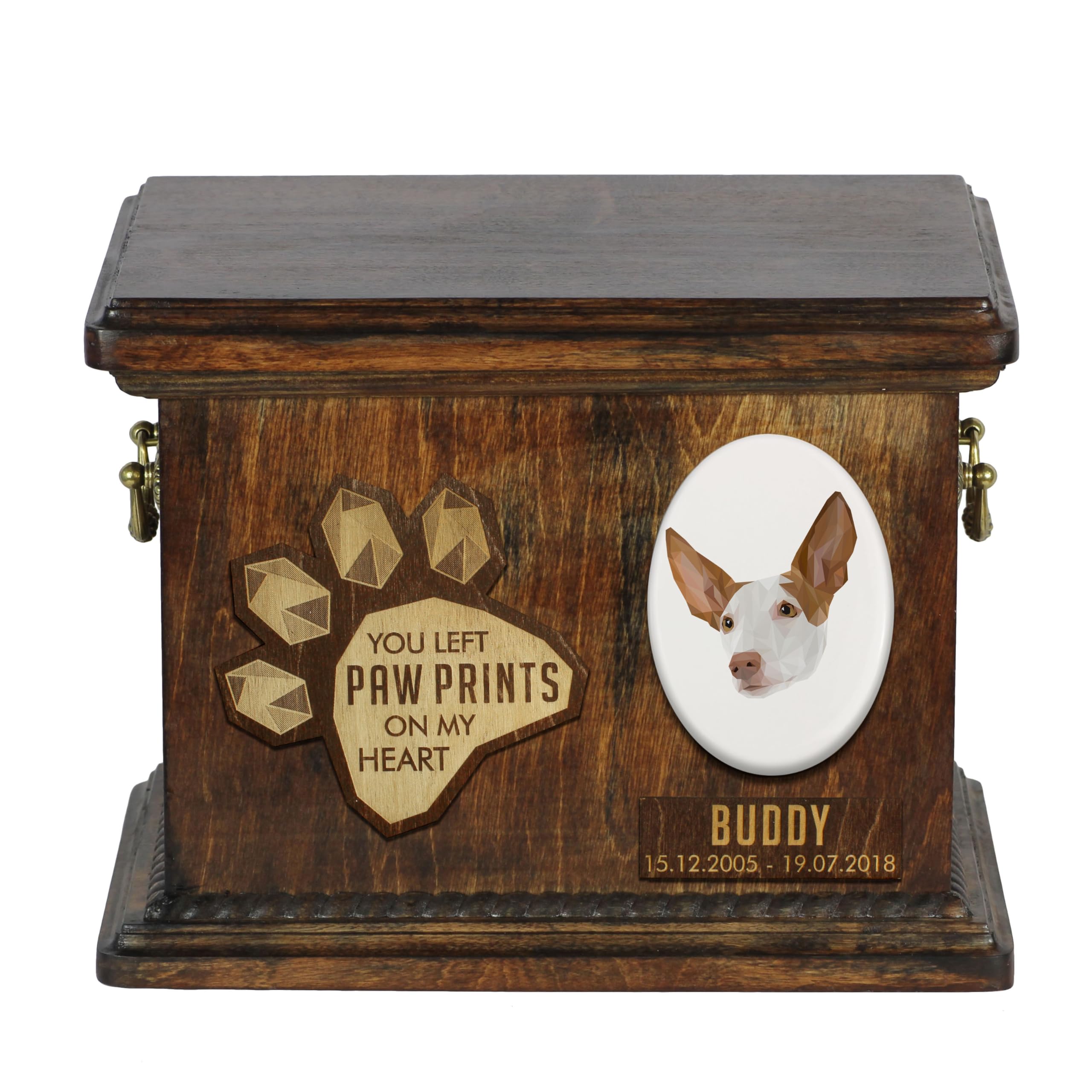 Art-Dog Custom Geometric Dog Memorial Urn - Handmade Wooden Urn – Decorative Ceramic Plate - Custom-made Dog Cremation Box for Ashes - 8,3x11,4x8,7” – Ibizan Hound