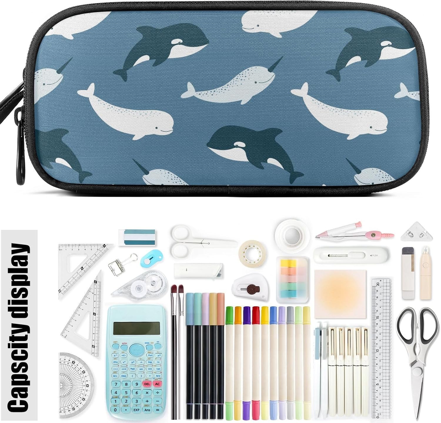 Fustylead Cute Killer Whale Beluga and Narwhal Large Pencil Case Portable Stationery Bag Cosmetics Bag with Handle for School Office Travel - Image 8