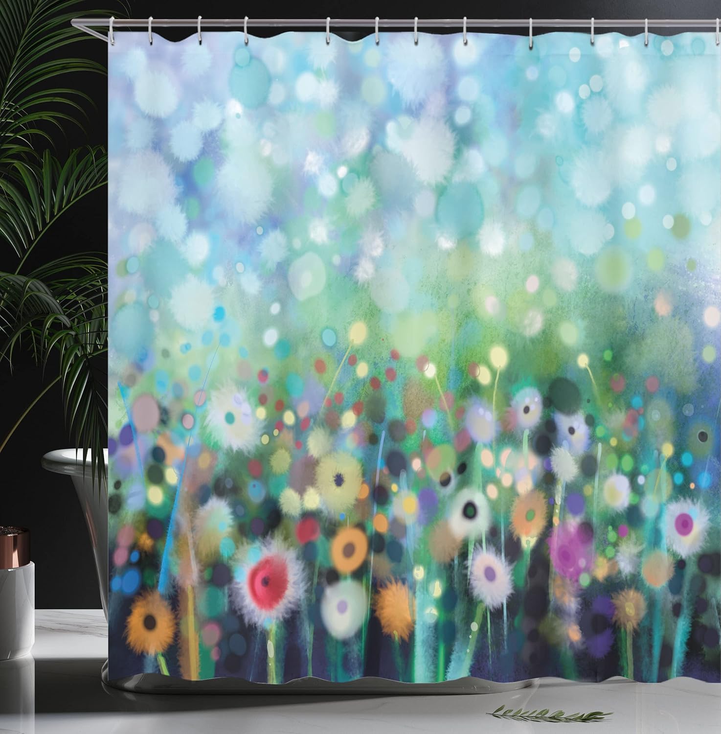 Ambesonne Flower Shower Curtain, Dandelion in Air Splashes Pollination Time Mother Earth Growing Giving Life, Cloth Fabric Bathroom Decor Set with Hooks, 69" W x 70" L, Sky Blue Indigo Fern Green