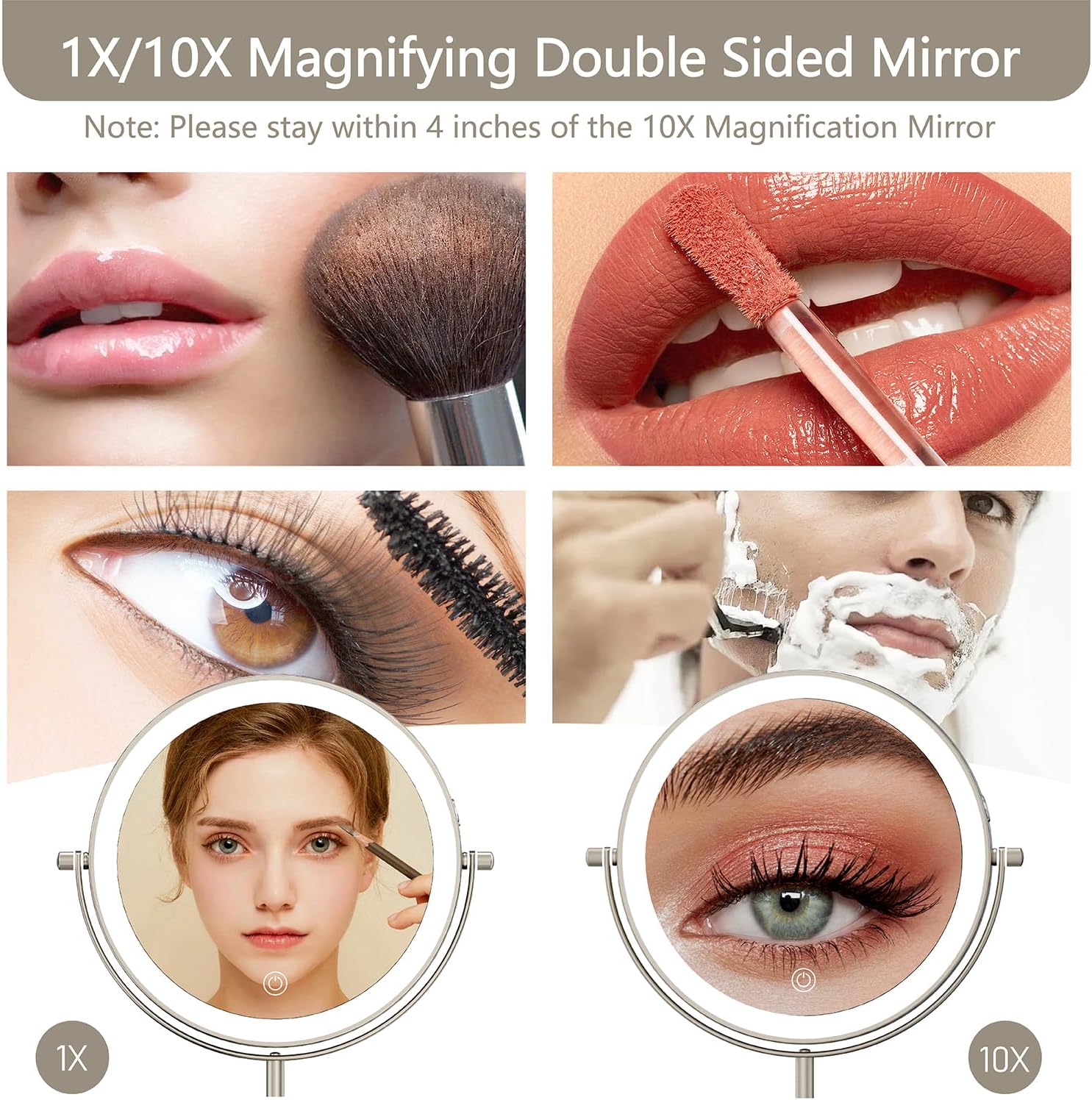 8" Lighted Makeup Mirror, 1X/10X Magnification with Light, Double Sided Dimmable, Rechargeable & Brightness & Height Adjustable, Cordless Vanity(Brushed Nickel)