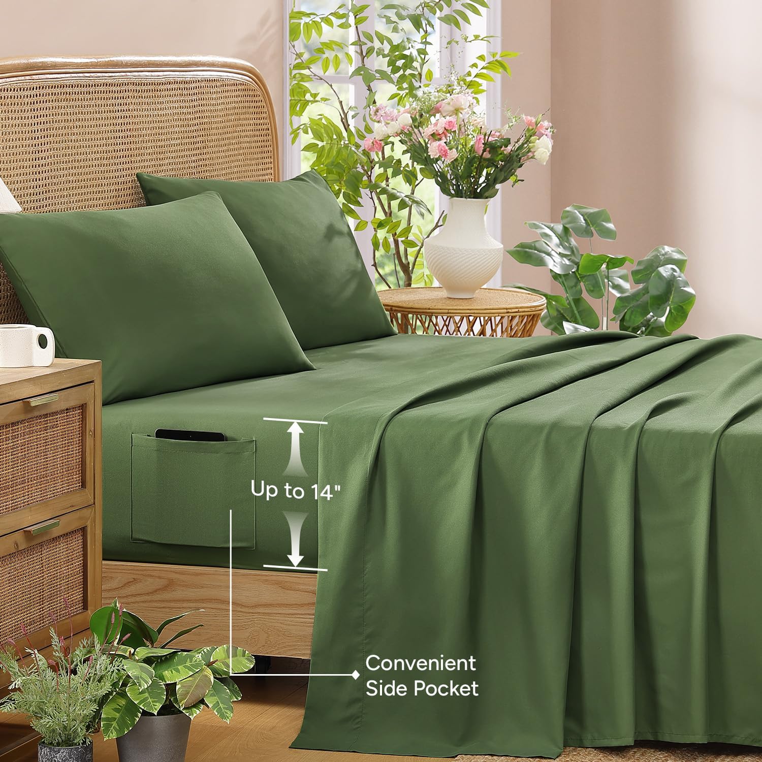 Andency Twin Size 5 Piece Reversible Bed in a Bag - Botanical Floral & Gingham Comforter Set, Farmhouse Vintage Rustic Comforter，Forest Green