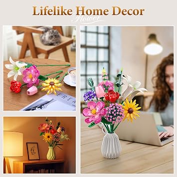 Flowers Bouquet Building Set, 715Pcs Creative DIY Flower Botanical Collection Building Toys, Home Office Decor Gifts for Mother's Day, Valentine's Day, Birthday, Christmas