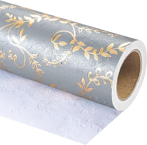 Miniatura 3 de WRAPAHOLIC Rollo de papel de regalo 3D Kraft - Rollo mini - 17 pulgadas x 16.5 pies - Diseño de hojas doradas y gris claro con relieve, perfecto